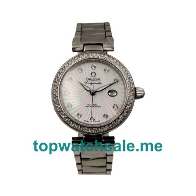 UK 34 MM 1:1 Omega De Ville Ladymatic 425.35.34.20.55.001 Replica Watches With White Mother-Of-Pearl Dials