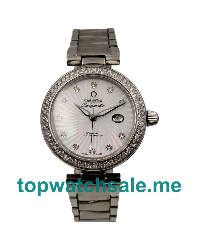 UK 34 MM 1:1 Omega De Ville Ladymatic 425.35.34.20.55.001 Replica Watches With White Mother-Of-Pearl Dials