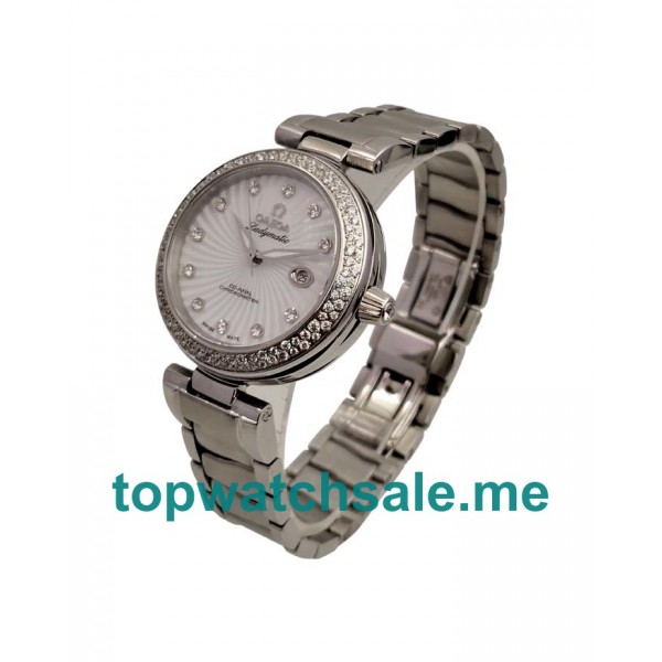 UK 34 MM 1:1 Omega De Ville Ladymatic 425.35.34.20.55.001 Replica Watches With White Mother-Of-Pearl Dials