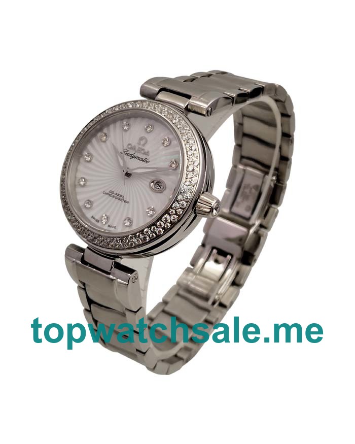 UK 34 MM 1:1 Omega De Ville Ladymatic 425.35.34.20.55.001 Replica Watches With White Mother-Of-Pearl Dials