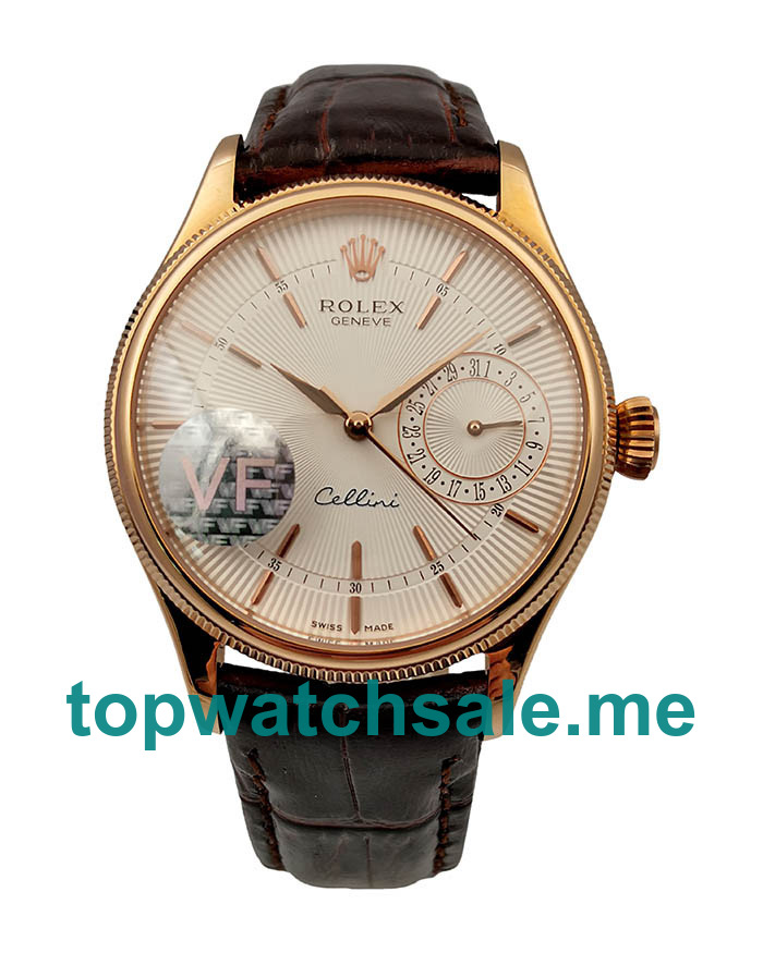 UK AAA Replica Rolex Cellini Date 50515 VF Rose Gold White Dial Dial Swiss 3165 Watches With 18K Rose Gold Cases For Sale