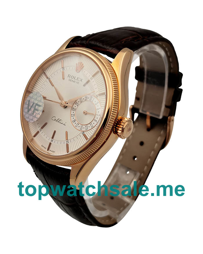 UK AAA Replica Rolex Cellini Date 50515 VF Rose Gold White Dial Dial Swiss 3165 Watches With 18K Rose Gold Cases For Sale